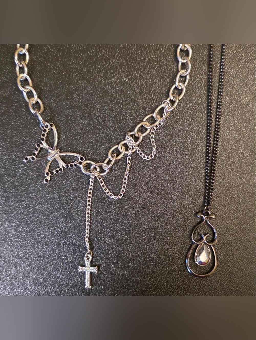 Icing Silver-Tone Butterfly & Cross Charm Necklace & Black Necklace w/Charm